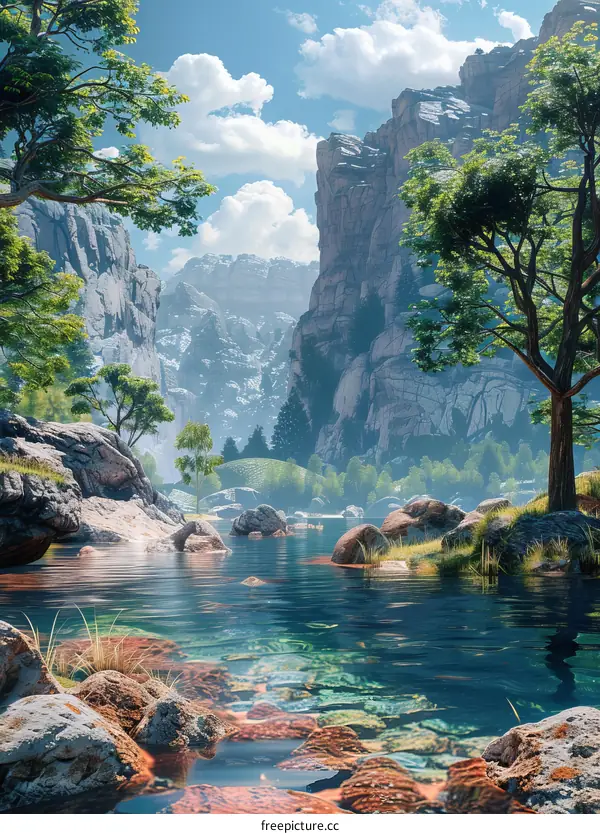 Crystal Clear Mountain River Flows through Lush Green Valley