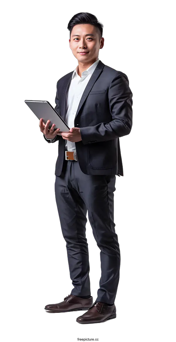[Transparent Background PNG]Asian businessman using a tablet