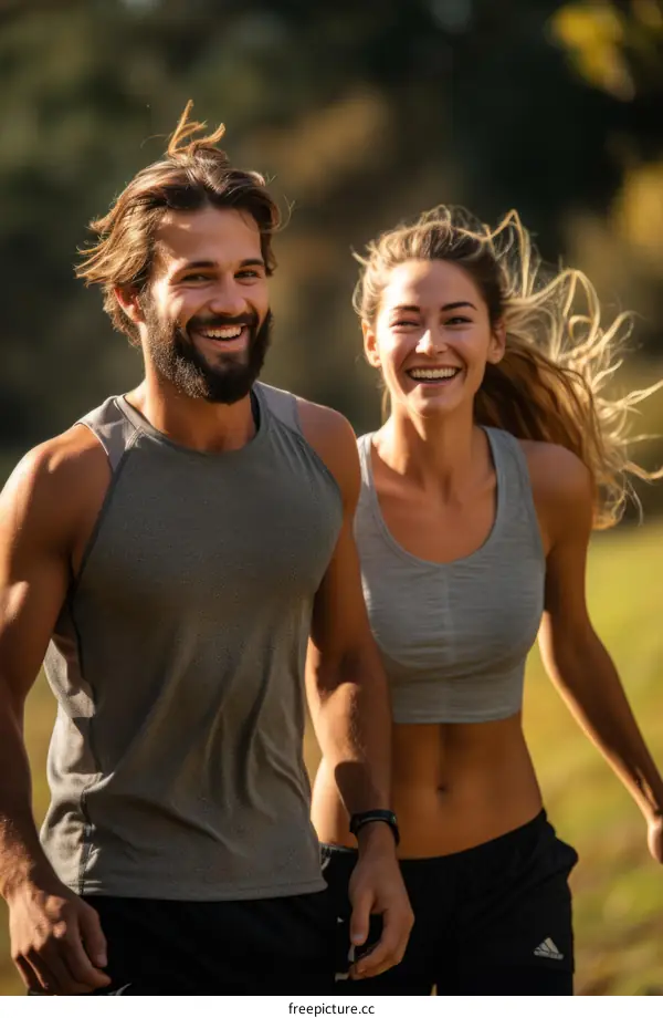 Happy couple running together in nature
