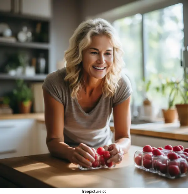 Blonde woman in grey shirt leaning on kitchen counter smiling at cherry tomatoes in plastic containers