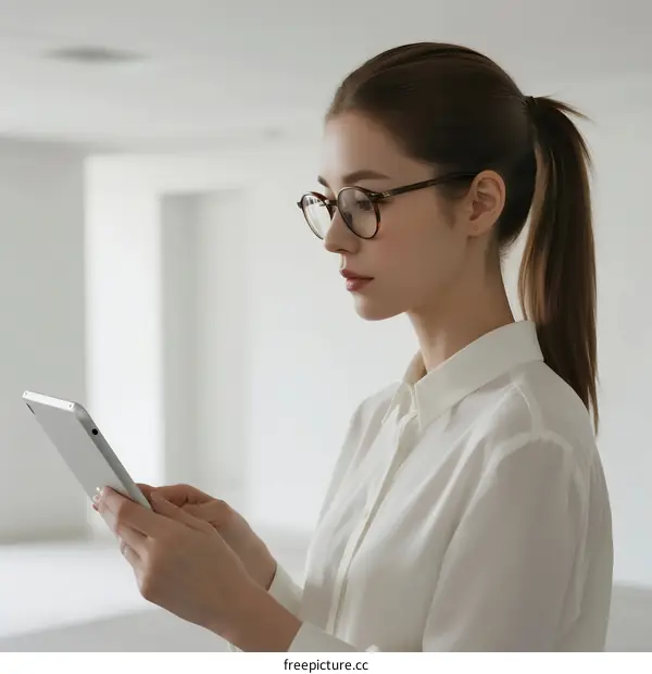 Professional woman using a digital tablet in a modern office