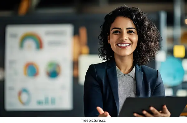 Smiling Businesswoman Holding Tablet in Office