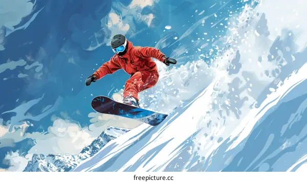 A snowboarder in a red jacket is riding down a snowy mountainside.
