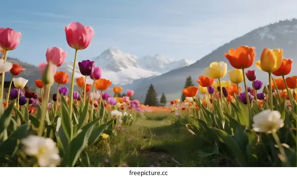 Vibrant Tulip Field with Snow-Capped Mountain Backdrop