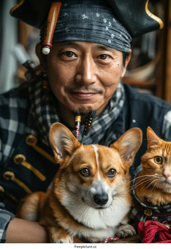 A Man Wearing a Pirate Hat with a Dog and a Cat