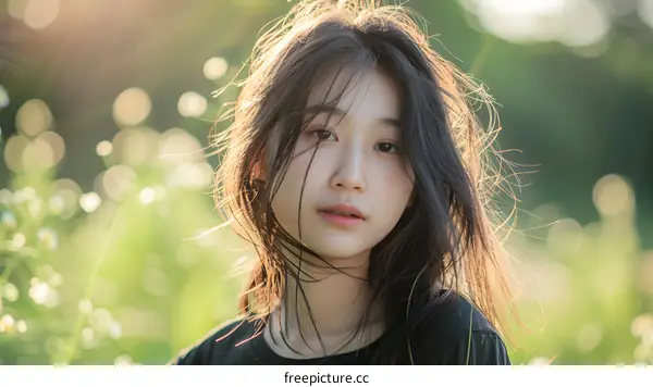 Young Asian Woman With Long Hair In A Field
