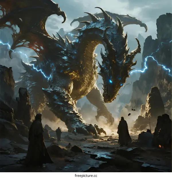 Massive Mythical Dragon with Lightning in Rocky Landscape