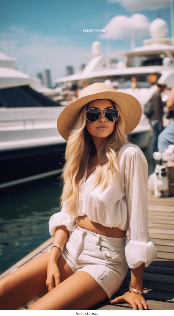 Blonde woman in a white shirt and denim shorts sitting on a dock in front of a yacht