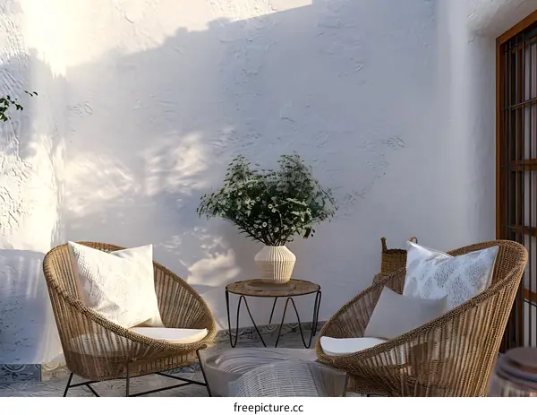 White Wall Patio with Wicker Chairs and Flowers