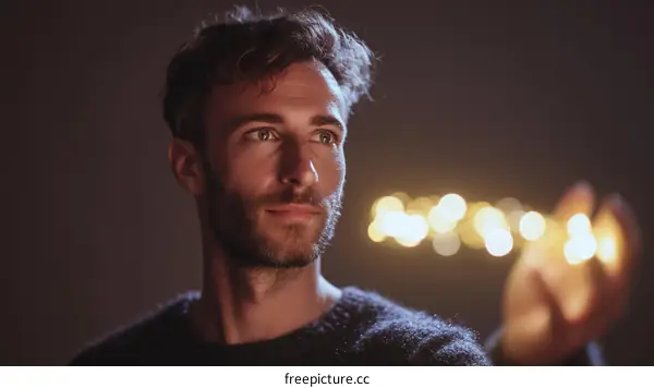 Close-up Portrait of a Caucasian Man Holding Lights
