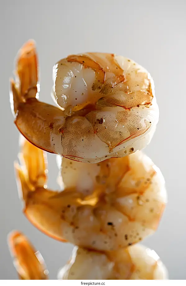 Three cooked shrimps on a stick