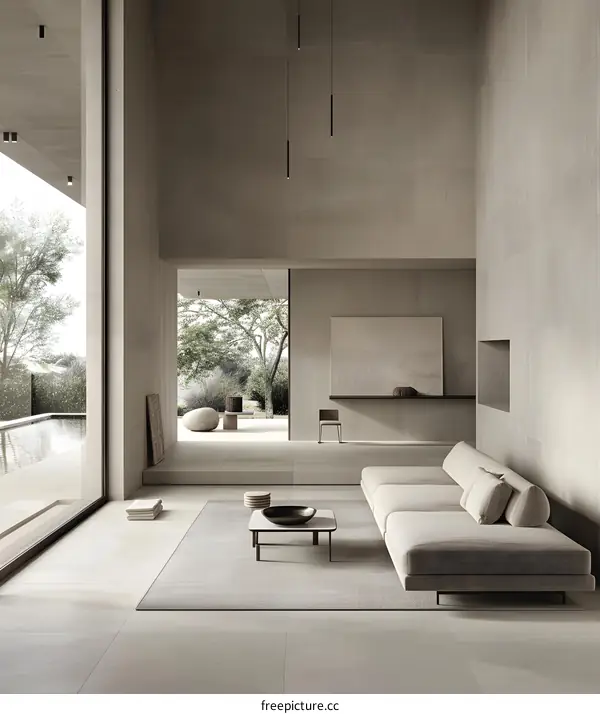 Modern Minimalist Living Room Interior Design with Large Windows and Beige Color Scheme