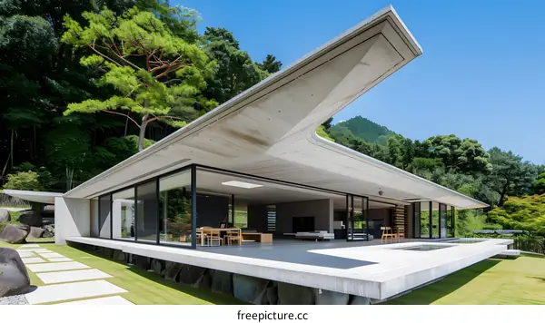 Modern Concrete House With Expansive Windows and a Unique Roof Design