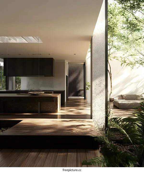 Modern Minimalist Kitchen Interior Design with Outdoor Courtyard and Plants