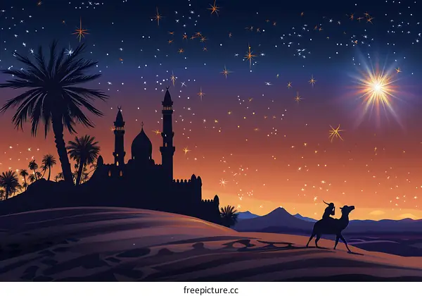 Silhouette of Mosque with Camel and Stars in Desert Night