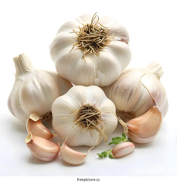 Bulbs and cloves of garlic on white background