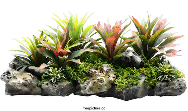 [Transparent Background PNG]Colorful Bromeliad and Succulent Garden Arrangement