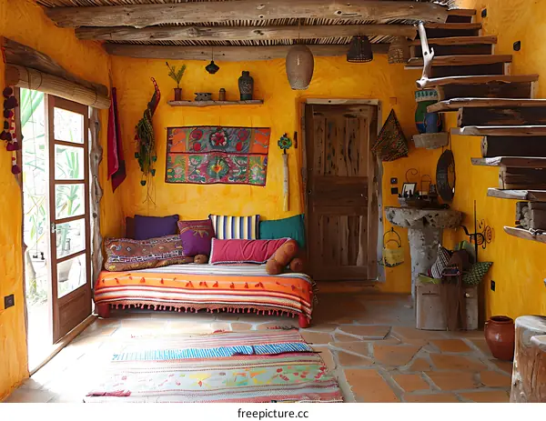 A colorful living room with a sofa, rug, and other furniture