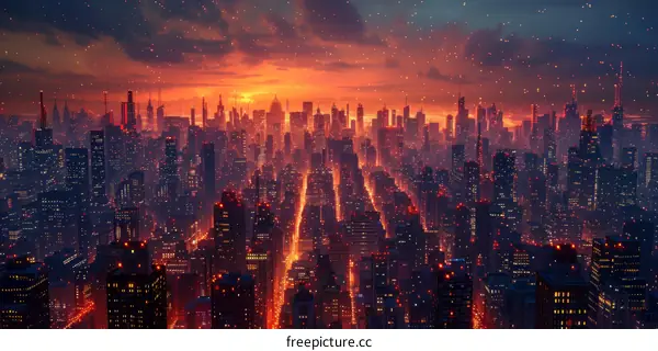 Fiery Sunset Over Futuristic Metropolis