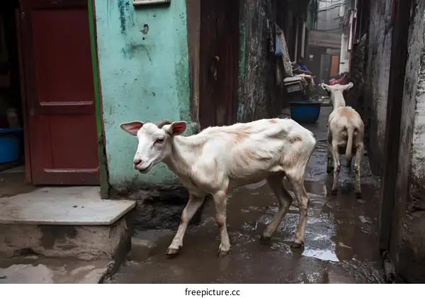 Two White Goats Walking in a Narrow Alley in India