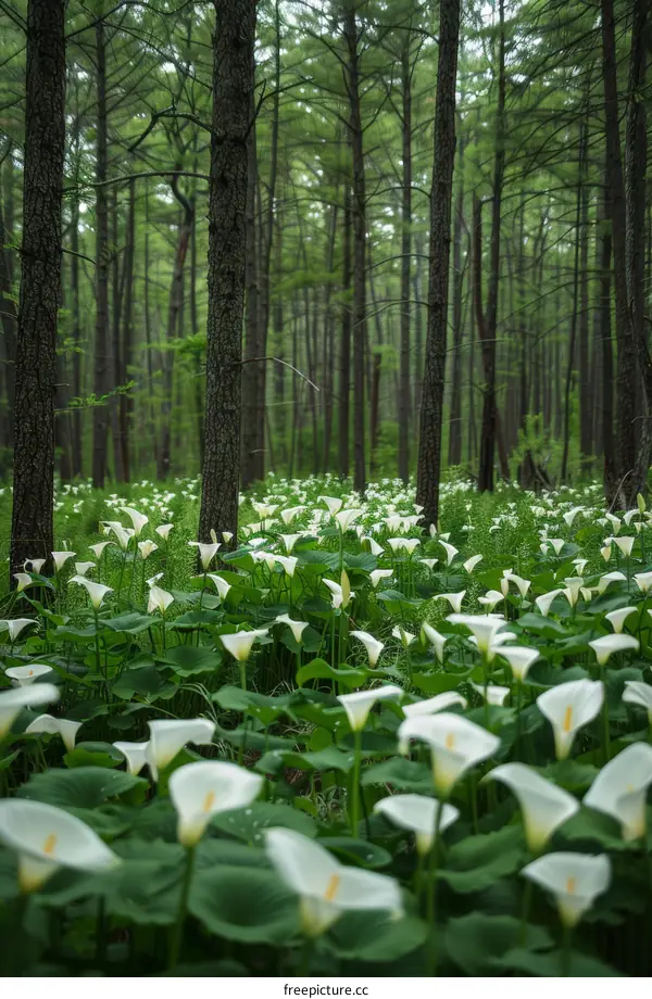 Calla lilies in a forest