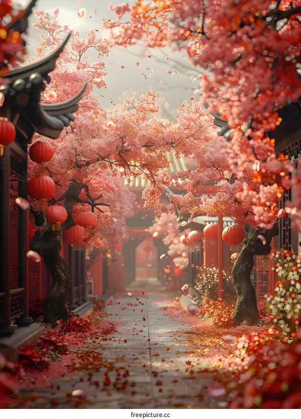 Oriental cherry blossoms bloom on the street