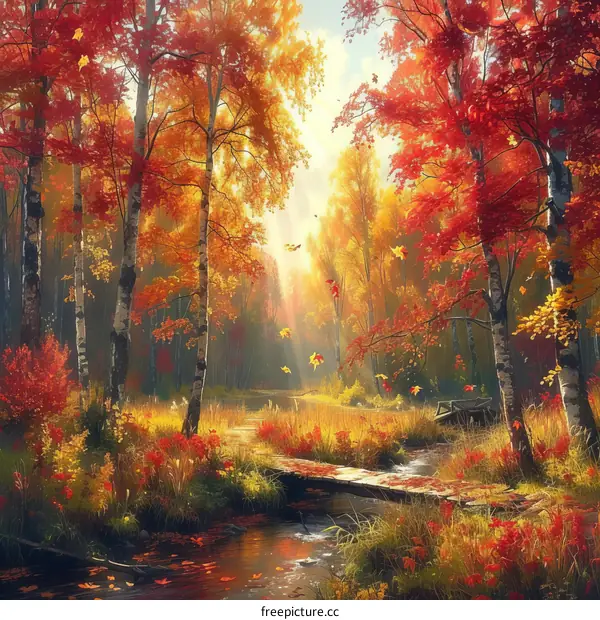 Charming Autumn Forest Scenery with Vivid Trees and a Tranquil Stream