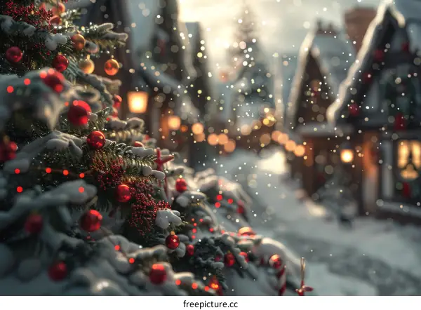 Winter Holiday Christmas Tree Decoration on Snowy Street at Night