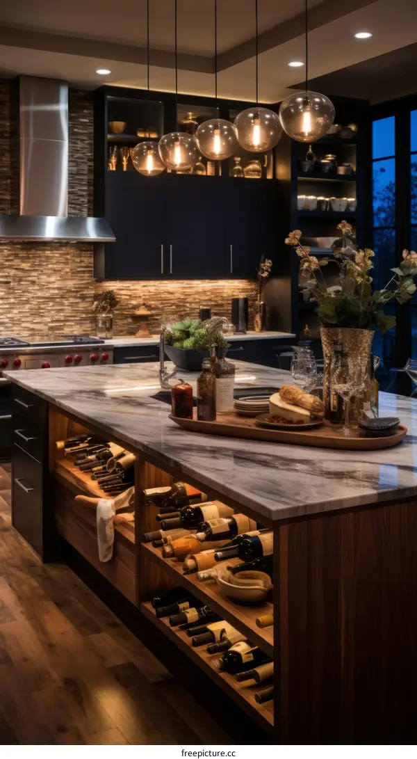 Modern Kitchen Island with Marble Top and Wine Storage