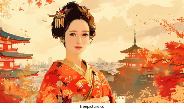 A painting of a Japanese Geisha wearing a kimono