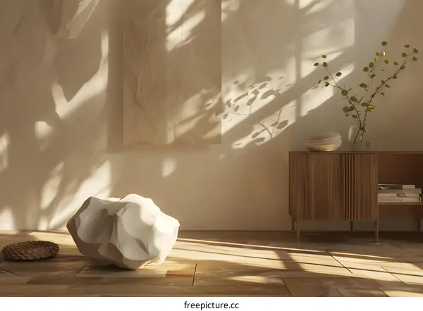 Minimalist Interior Design with White Rock and Wooden Cabinet