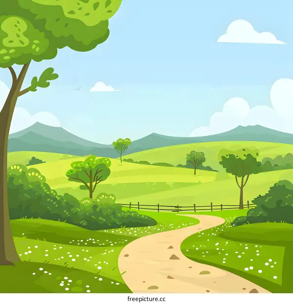 Green Meadow Landscape with Winding Path and Mountains