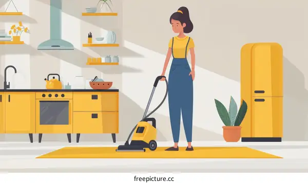 A woman is vacuuming the floor in the kitchen