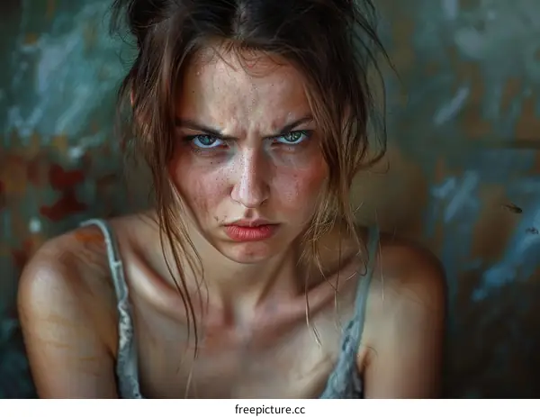 Close-up Portrait of a Woman with an Angry Expression