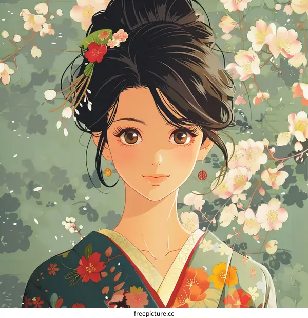 A beautiful Japanese woman wearing a kimono stands in a field of cherry blossoms.