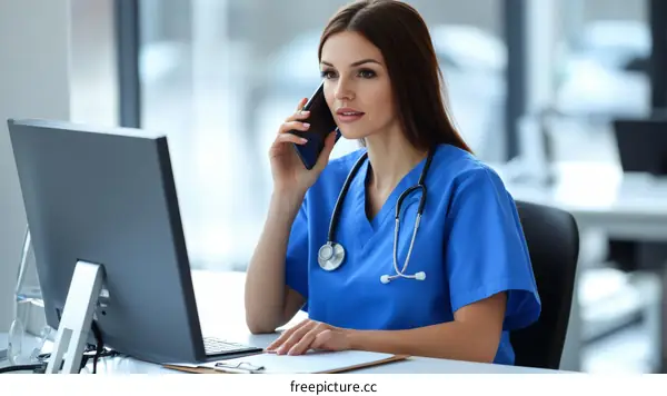 Female Caucasian Doctor Talking on Phone at Desk