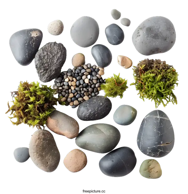 [Transparent Background PNG]Smooth Stones, Moss, and Pebbles on a White Background