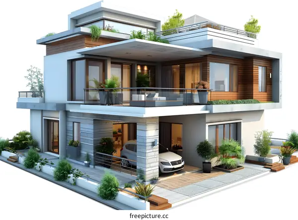 3D rendering of a modern house with a garage and a garden