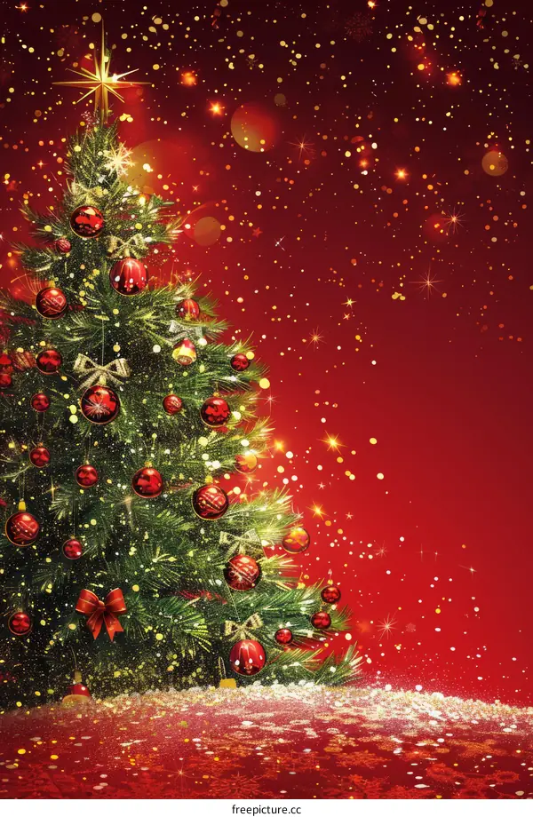 Bright and Festive Christmas Tree with Red, Gold, and Green Ornaments