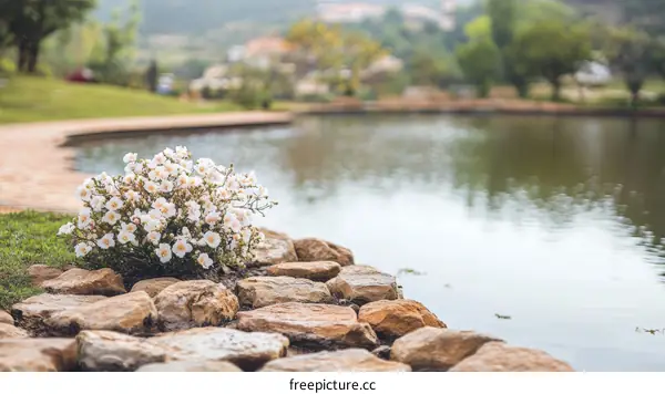 Peaceful Pondside Flowers in a Sunny Garden