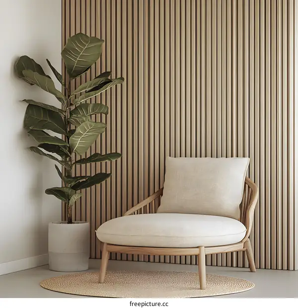 Minimalist Living Room Interior Design With Wooden Wall And Comfortable Chair