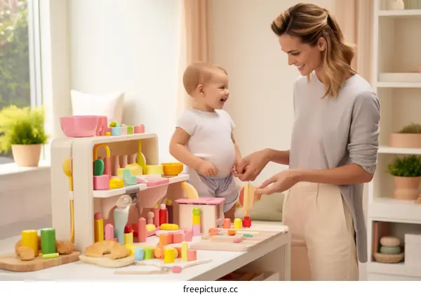 Mother and baby are playing with wooden toys in the playroom.