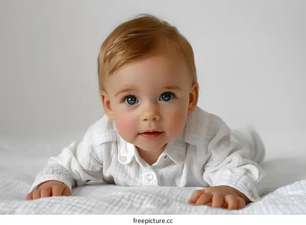 Portrait of a cute crawling baby in white clothes
