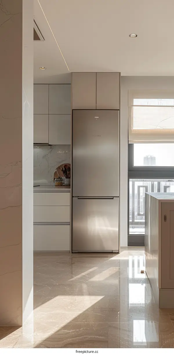 Modern Kitchen with Marble Floors and Stainless Steel Appliances