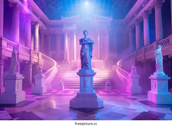 Classic Greek Architecture with Statues in Purple and Blue Lighting