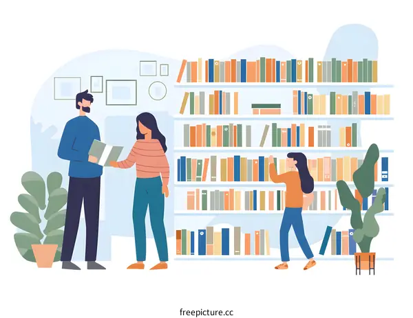 Family Reading In The Library Together