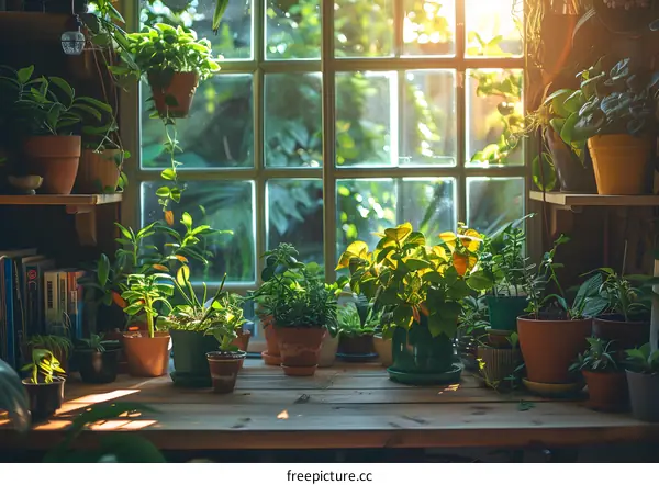 Indoor plants on a wooden table by the window