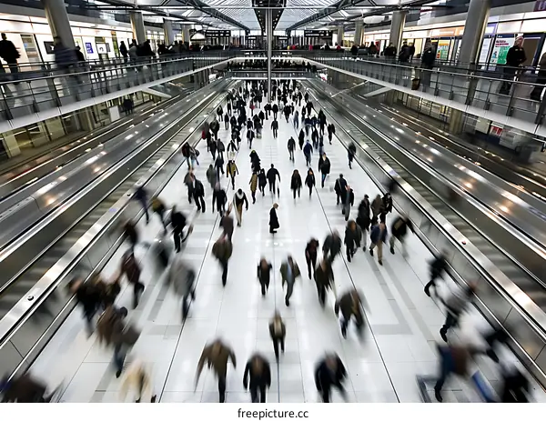 Blurred Motion of People Walking on Moving Walkway in Airport