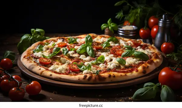 A delicious pizza with tomatoes, basil, and mozzarella cheese