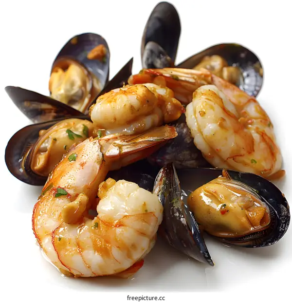 A plate of seafood including shrimp and mussels